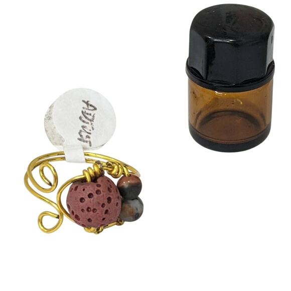 NEW Wire Wrap Diffuser Ring Artisan Adjustable Brick Red Lava Rock Gold Tone - Picture 9 of 11